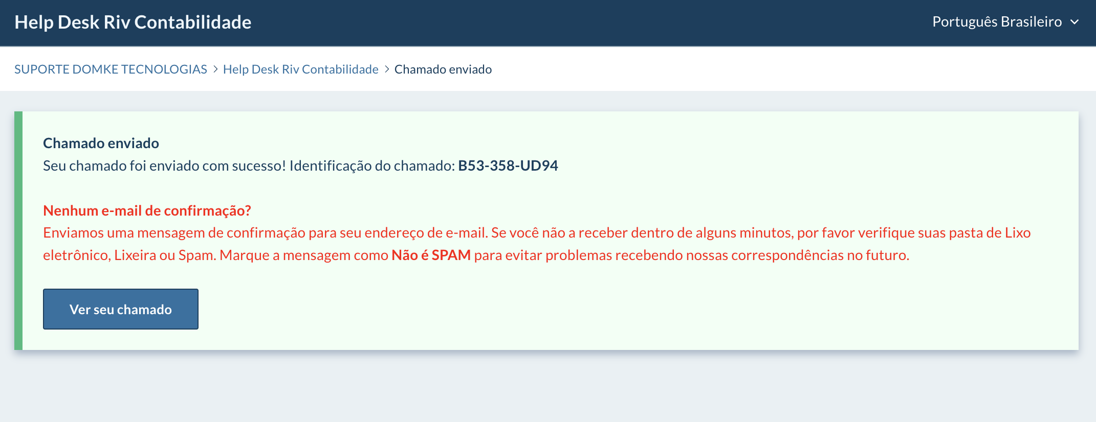 Mensagem de confirmação do envio do chamado.